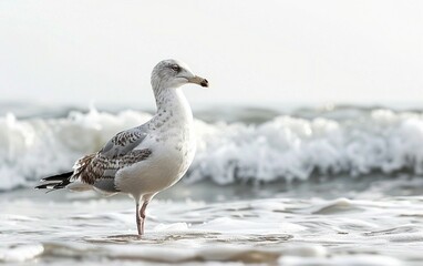 Balancing Act Seagull Standing on One Leg by Ocean Isolated on White Background.