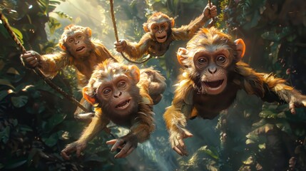 Primates joyfully soar through jungle skies in an artful wildlife event - obrazy, fototapety, plakaty