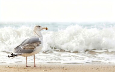 Solitary Seagull: Standing on One Leg by Ocean Shore Isolated on White Background.