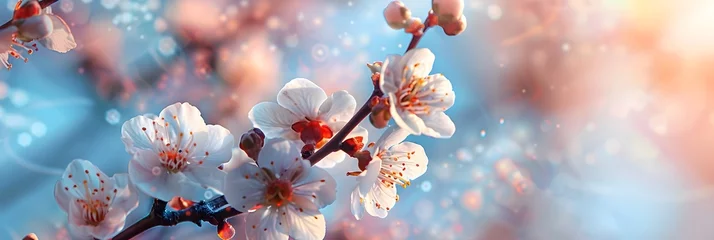 Poster Beautiful floral spring abstract background of nature. Branches of blossoming apricot macro with soft focus on gentle light blue sky background. For easter and spring greeting cards with copy space.  © Ziyan
