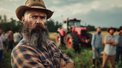 Portrait of a bearded outraged farmer, near other farmers protest near his tractor