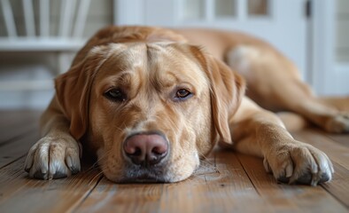 A fawn carnivore dog, belonging to the Sporting Group breed, is peacefully laying on a wooden floor. Its livercolored coat blends nicely with the surroundings