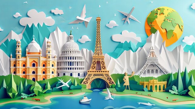 World-renowned landmarks suitable for travel posters and postcards, including attractions from France, England, Spain, and Italy, are crafted in a paper origami style vector illustration