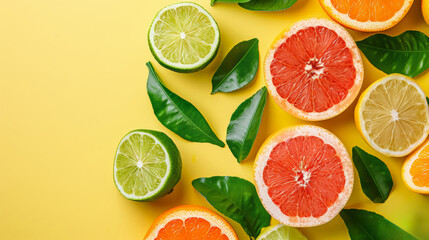 Flat lay composition with slices of fresh lemon orange grapefruit lime green leaves on yellow background top view copy space Citrus Juice Concept Vitamin C Fruits Creative summer background 