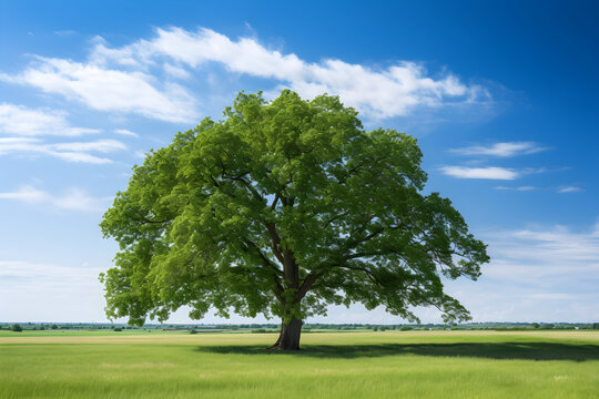 Majestic Elm Tree Dominating a Serene Green Landscape under a Clear Blue Sky