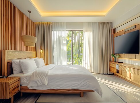 A wide angle photo of an elegant and modern hotel room in Thailand, featuring a large bed with white sheets, a wooden headboard, a TV on the wall, indoor lighting, bright colors