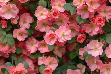 Detail of Rosy Carpet wild roses with vibrant pink flowers and fresh green leaves.