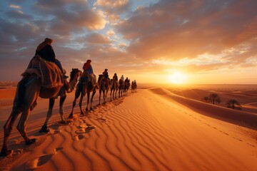 A caravan of camels is trekking through the natural desert landscape as the sun sets on the horizon, painting the sky with hues of dusk and creating a stunning sunset backdrop for their travel - obrazy, fototapety, plakaty