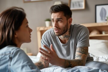 Obraz premium A man and a woman are engaged in conversation while sitting on a bed.