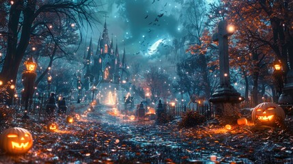 Haunted Halloween Forest with Pumpkins, Ghosts, and Jack-O'-Lanterns in Cemetery, Illuminated by String Lights at Twilight