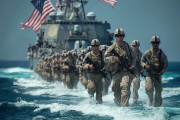 A group of military men walking across a body of water in a coordinated manner. - obrazy, fototapety, plakaty