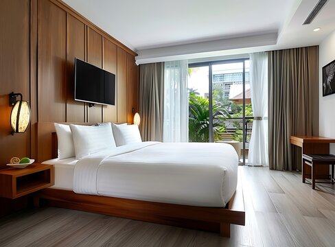 A wide angle photo of an elegant and modern hotel room in Thailand