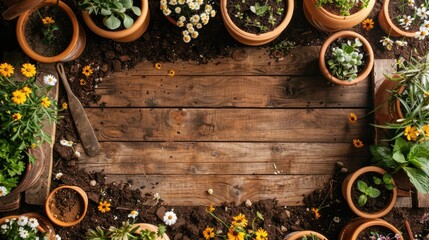 Rustic Gardening Setup with Frame Tools, Flowerpots, and Soil on Wooden Table