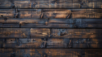 Dark stained wood boards with grain and texture Flat wood background with parallel horizontal lines 