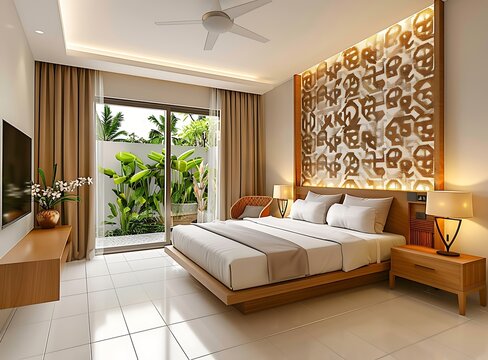 A wide angle photo of the interior design of an elegant modern hotel room with a bed, night stand 