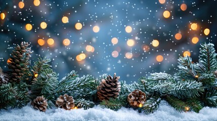 Obraz na płótnie Canvas Winter Wonderland: Fir Branches, Pinecones, and Christmas Lights on Snowy Table