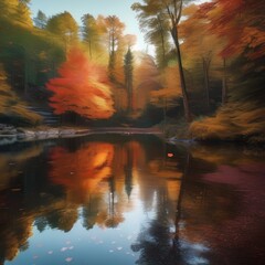 Naklejka premium A tranquil pond in the middle of a dense forest, with colorful autumn leaves floating on its surface1