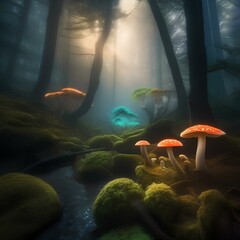 A mystical forest filled with glowing mushrooms and strange, bioluminescent flora1