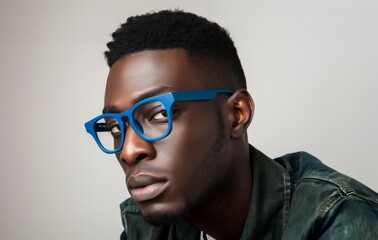 Obraz premium Closeup of a man in blue sunglasses and leather jacket with black hair