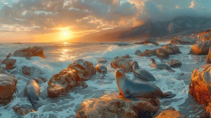 Crédence de cuisine en verre imprimé Coucher de soleil sur la plage Seals on rocky beach during sunset with beautiful sky and water resources