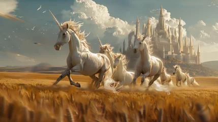 Foto op Canvas A herd of unicorns was happily playing in the middle of a golden field with a castle and mountains in the background. © Chanthavy