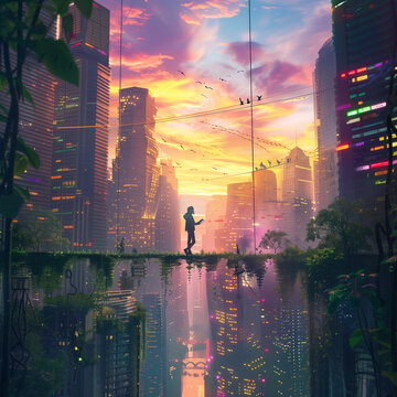 person standing in the middle of a bridge with a big city backdrop, birds flying in the sky. In the midst of the atmosphere where the sun is about to set.