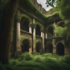 A hauntingly beautiful ruin overtaken by nature, with trees growing through its ancient walls1 - obrazy, fototapety, plakaty