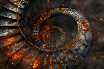 A menacing fiery spiral staircase descends into the depths, symbolizing the concept of mental health struggles and despair.