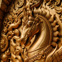 golden dragon on the wall  statue, art, sculpture, lion, architecture, asia, culture, religion, old, carving, decoration, stone, god, wood, gold, face, temple, door,Ai generated 