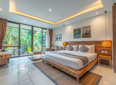 A wide angle photo of the interior design and decoration of an elegant hotel room in Thailand, in a modern style with a large bed, sofa and coffee table at the front wall and a window behind it
