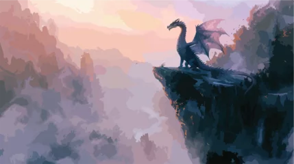 Raamstickers A majestic dragon perched on a cliff overlooking © inshal