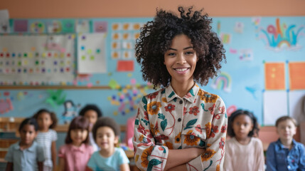 Portrait of a smiling African American kindergarten teacher posing in front of her class. - obrazy, fototapety, plakaty