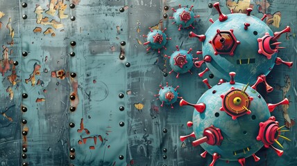 Illustration of stylized viruses on a grungy metallic background, suggesting theme contamination or infection.