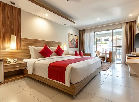 A wide angle photo of the interior of an elegant modern hotel room in Thailand