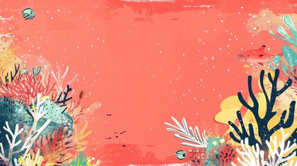 Fototapeta na wymiar Coral reef themed illustration with various colorful corals, fish, and a textured red background.