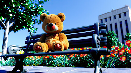 Lonely Teddy Bear Sitting on Abandoned Park Bench, Symbolizing Solitude and Longing - obrazy, fototapety, plakaty