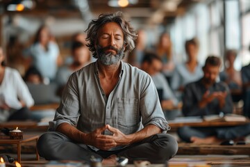 A man with a beard and moustache is sitting in a lotus position with his eyes closed, participating in a meditation event in front of a group - obrazy, fototapety, plakaty