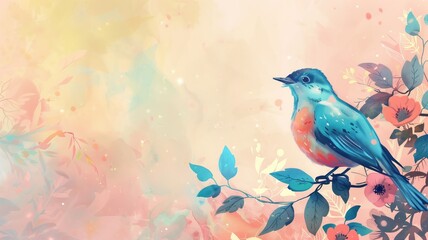 An illustrated blue bird perches on a branch amid pastel-colored floral backdrop with soft bokeh effect.