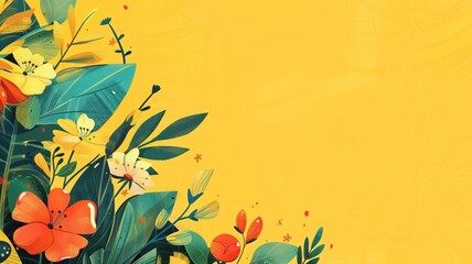 Vibrant illustration of colorful flowers and leaves on a warm yellow background with ample copy space.