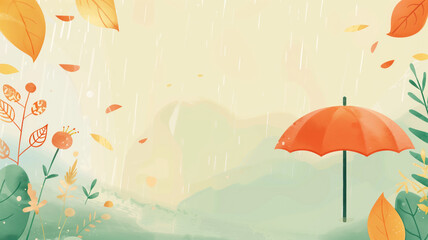 An illustrated scene of a rainy day with an orange umbrella, autumn leaves, and distant mountains.