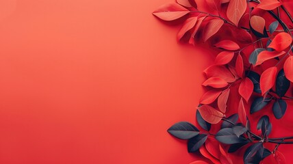 A corner of vibrant red leaves with stems against a bold background.