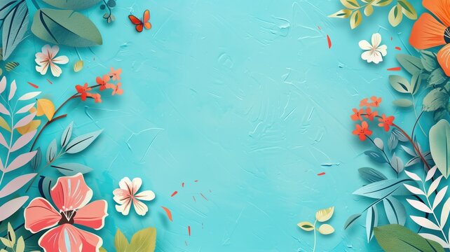 Illustration of a colorful floral design on textured light blue background with butterflies.