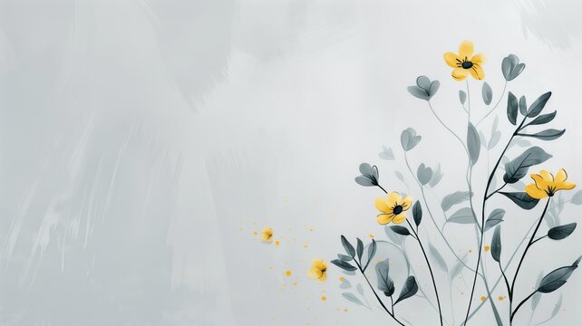 Abstract art of yellow flowers and grey leaves on a textured, light background.