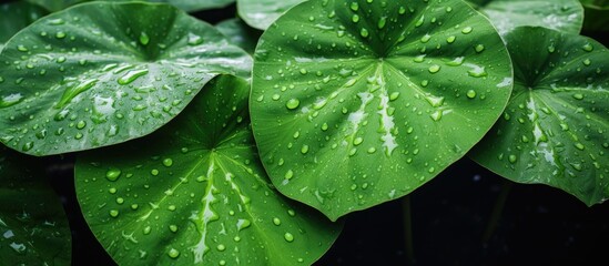 Fototapeta premium Close-up of a green plant with water droplets on the leaves, reflecting light beautifully and enhancing its natural beauty