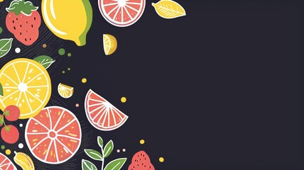 Vibrant illustration featuring citrus fruits and berries against a dark background with decorative leaves dots.