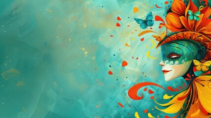 Artistic depiction of a person in vibrant carnival mask surrounded by butterflies on teal background.
