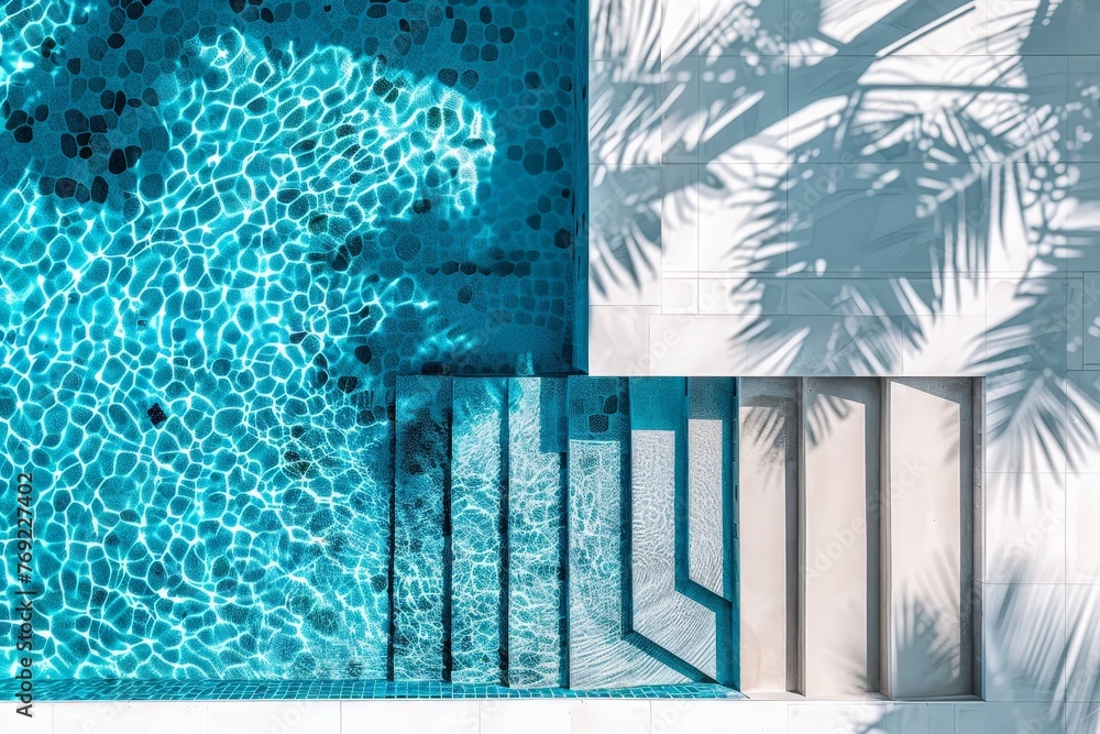 Poster a palm tree casts a striking shadow against the wall of a shimmering swimming pool, creating a mesme