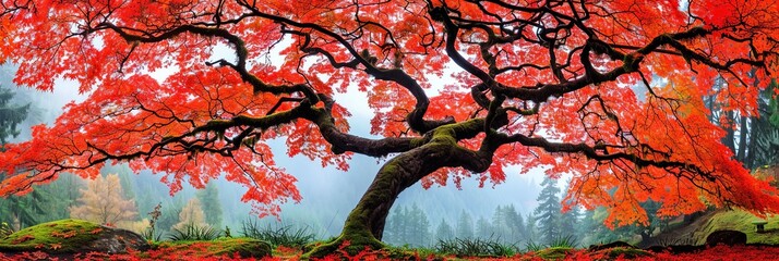 A majestic tree adorned with vibrant red leaves stands tall in the heart of a lush forest, casting a warm glow in the sunlight