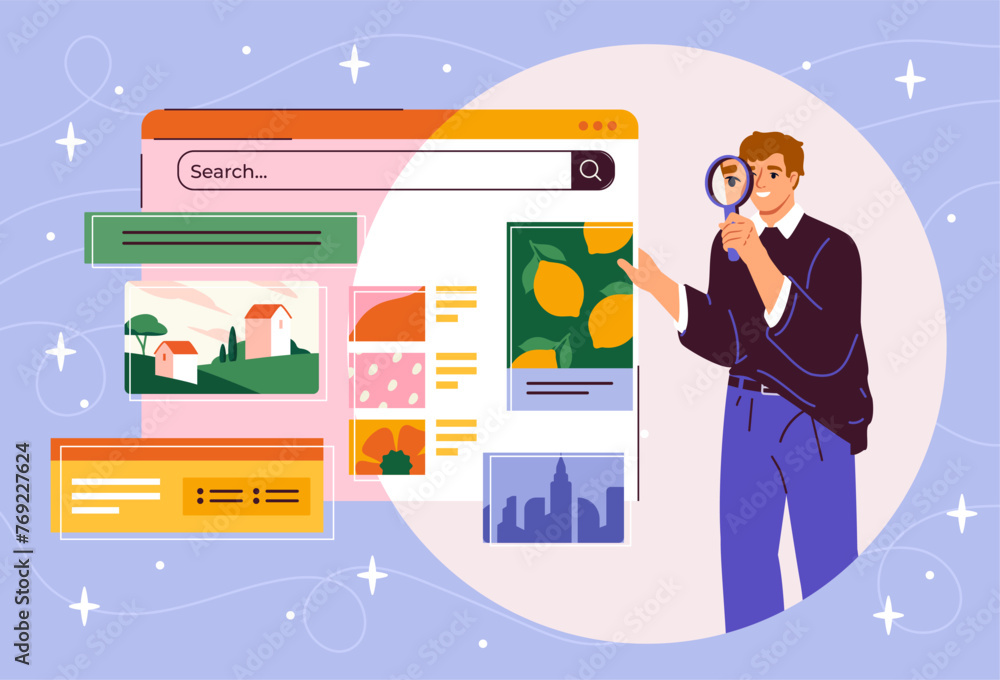 Poster website programming man concept. young guy with webpage design. graphic designer and developer with 