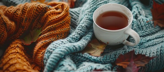 Fototapeta premium Autumn Winter cozy still life with warm sweaters and tea cup.